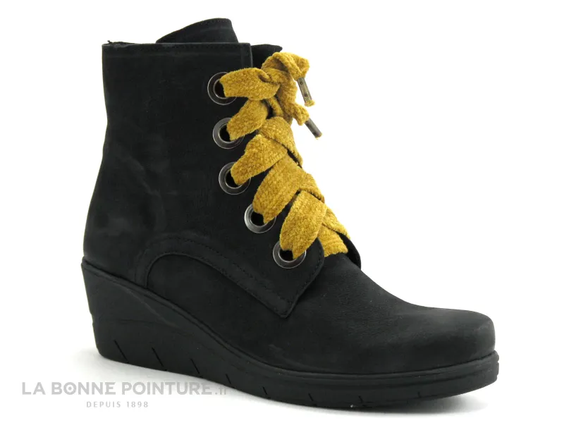 Achat chaussures Alce Shoes Femme Boots, vente Alce Shoes 9908 Noir - Lacet jaune - Bottine talon compense