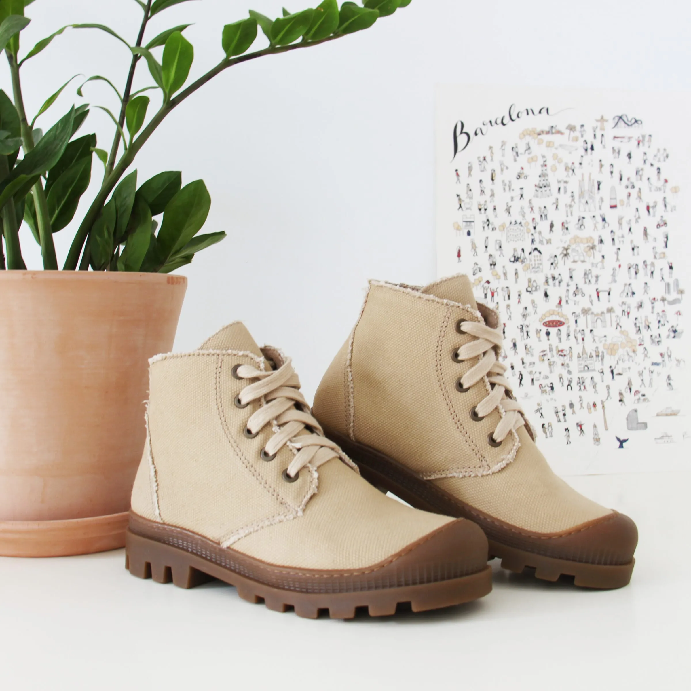 Bottines crantées toile recyclée camel