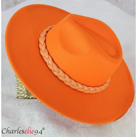 Chapeau chic couture femme feutre laine larges bords HB142 orange