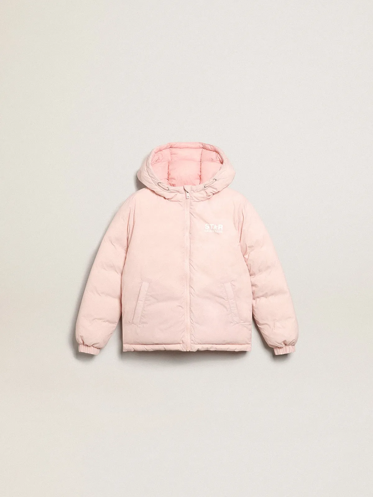 Doudoune rose avec capuche et grande étoile blanche au dos | Golden Goose