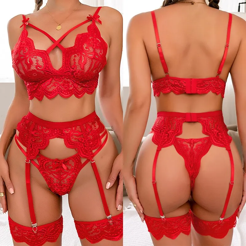 Ensemble de lingerie 3 pièces avec porte-jarretelle pour femmes