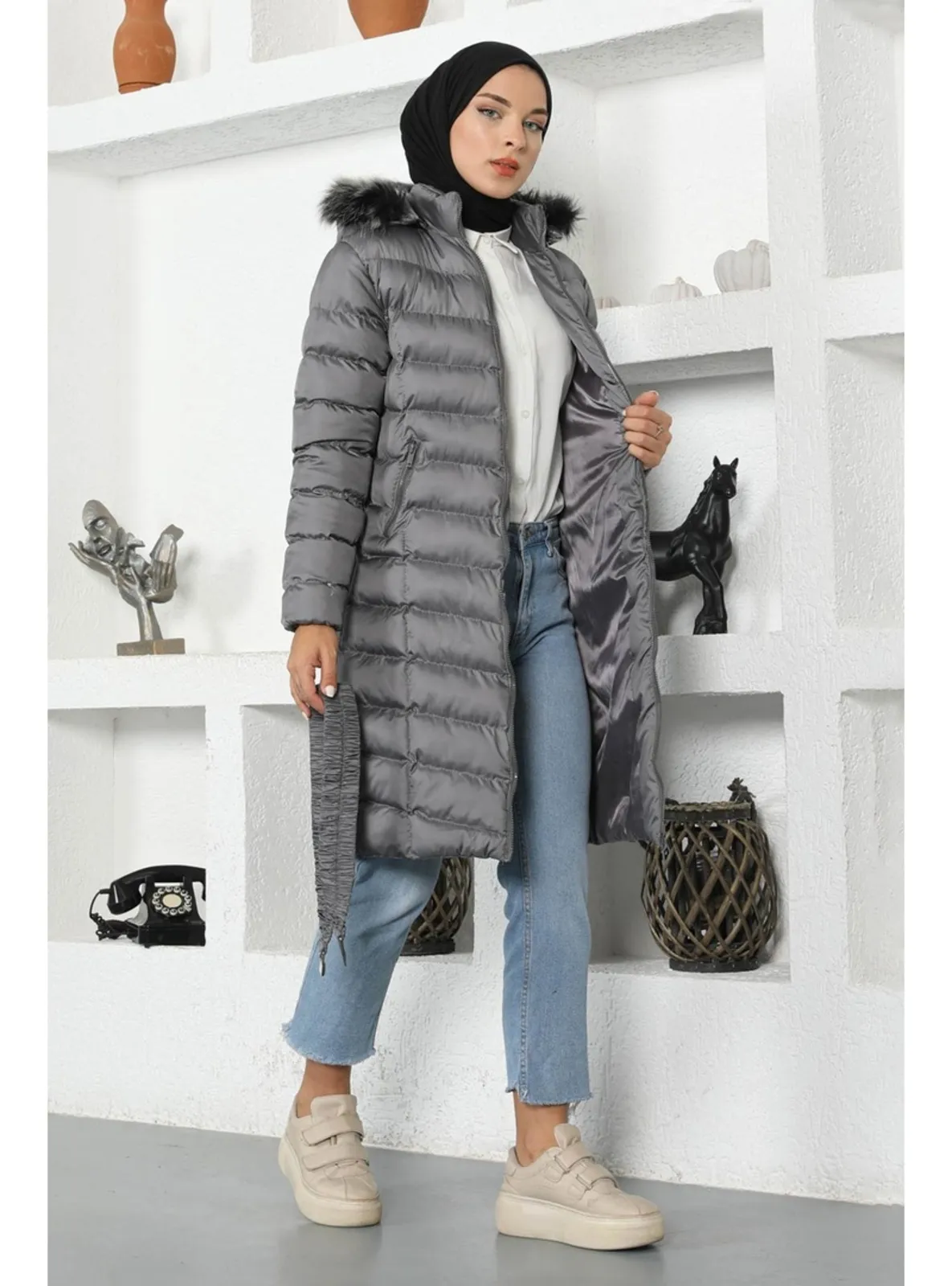 Faux Fur Hooded Puffer Coat Gray 9467