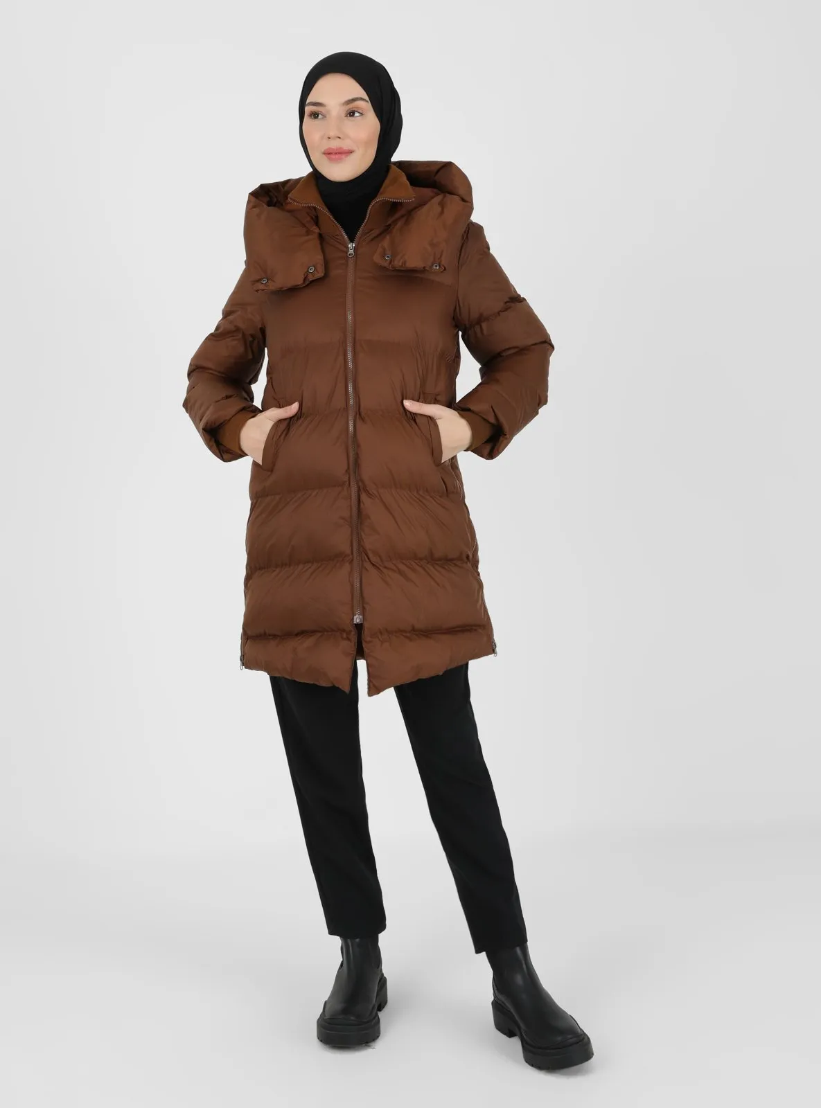 Hooded Zippered Coat Cinnamon