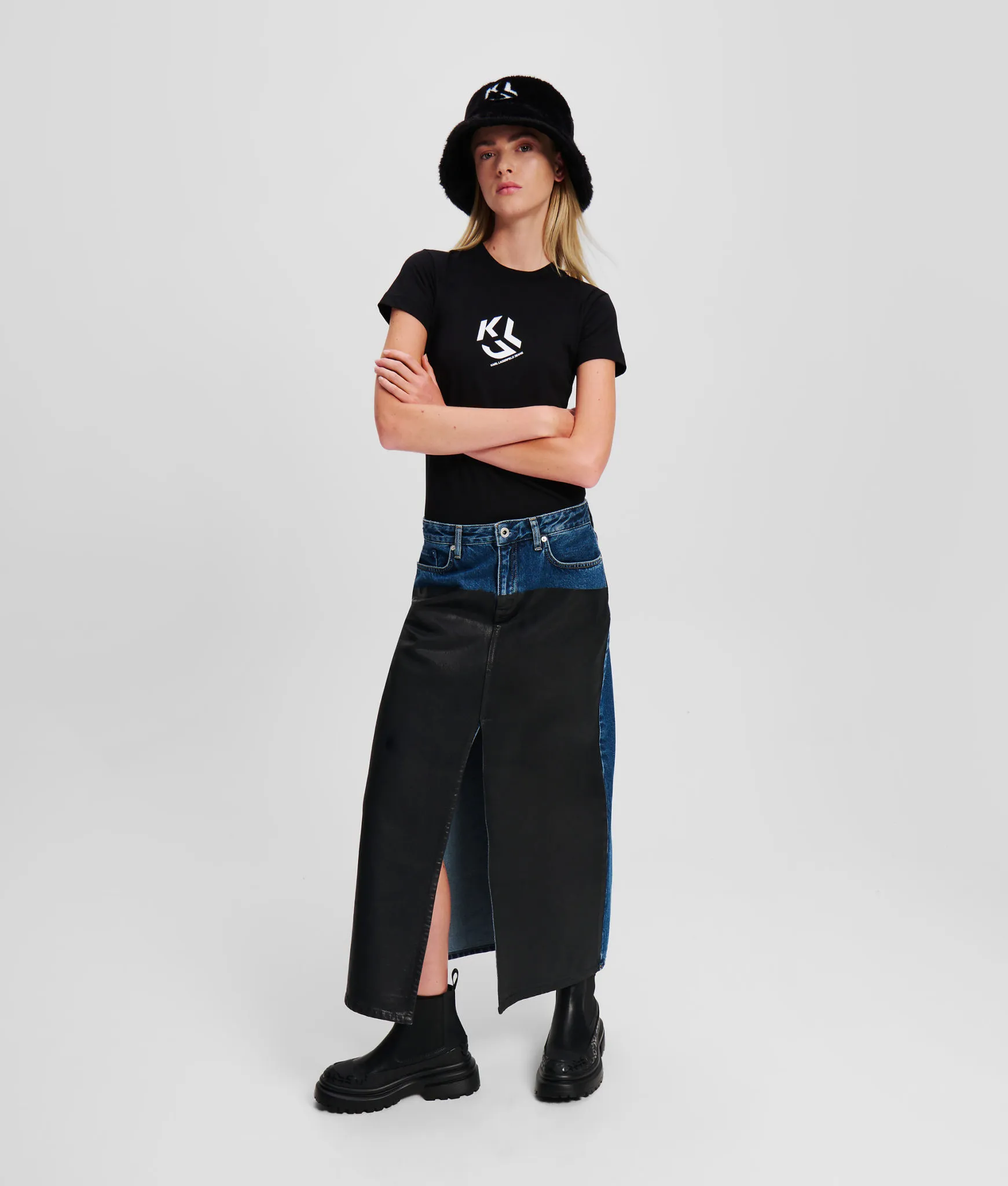 KL Jeans, Jupe En Denim À Blocs De Couleurs Klj, Femme, Bleu délavé enduit de noir, Taille: XXL KL Jeans