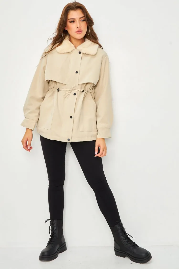 Manteau beige fourré col fausse fourrure