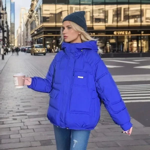 Manteau court à capuche en coton pour femme, veste couvertes hiver multi-poches 2024