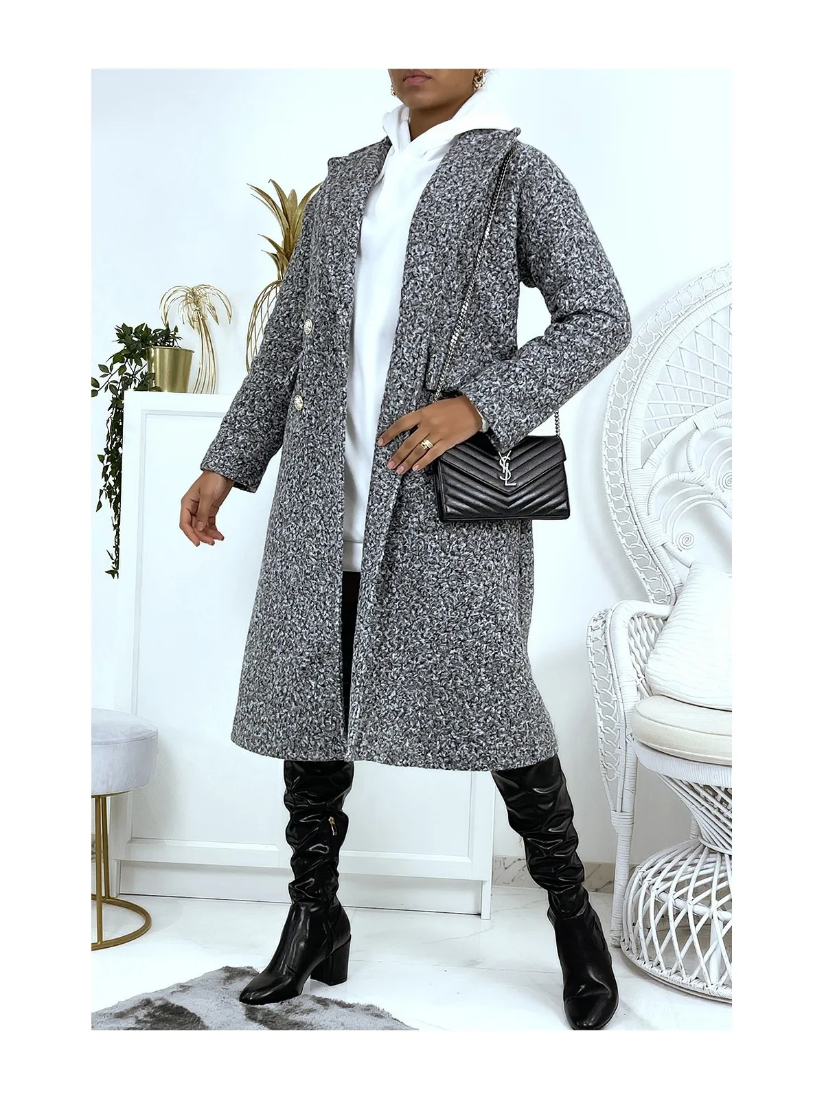 Manteau droit gris effet mouton