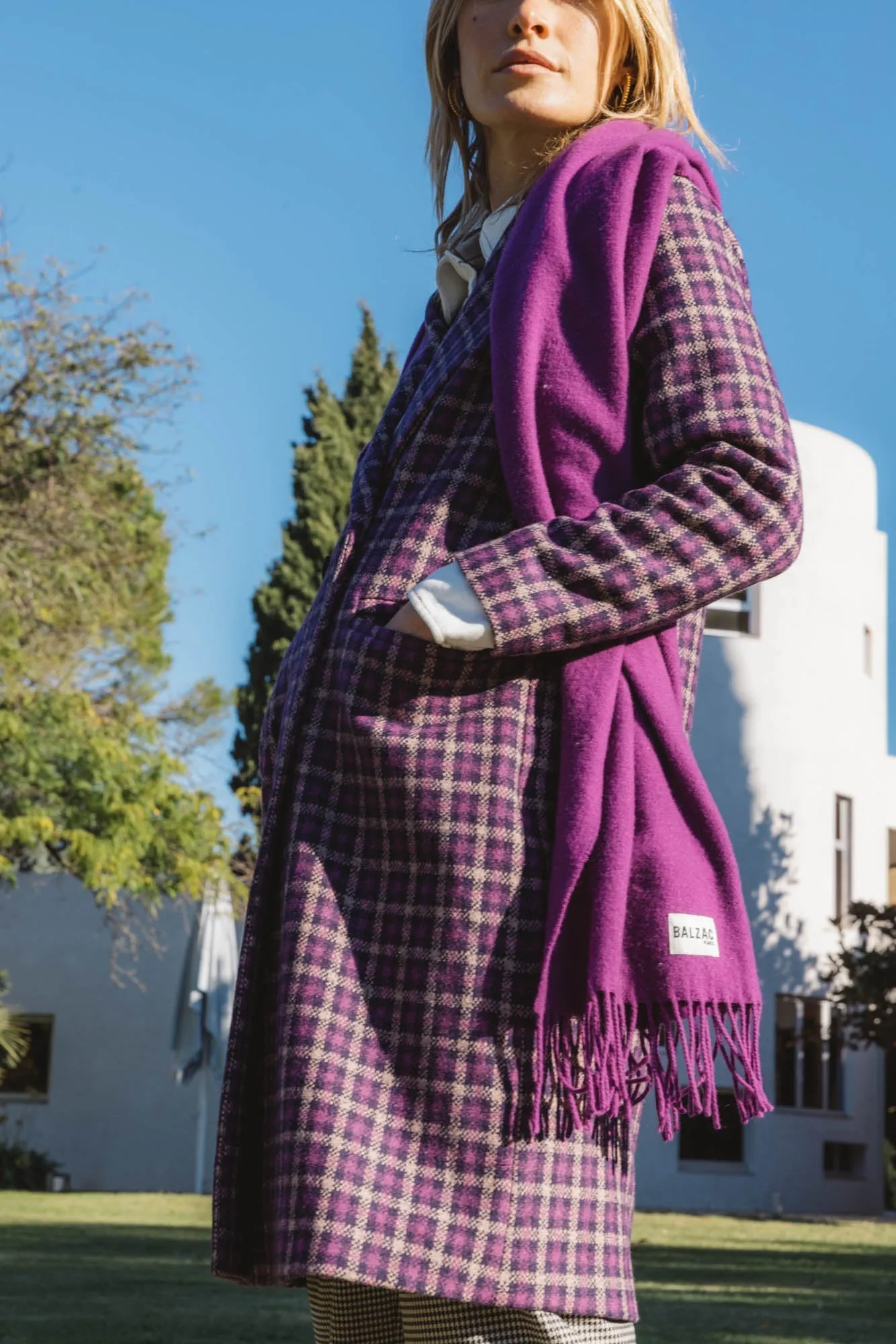 Manteau Lenny violet à carreaux en laine recyclée