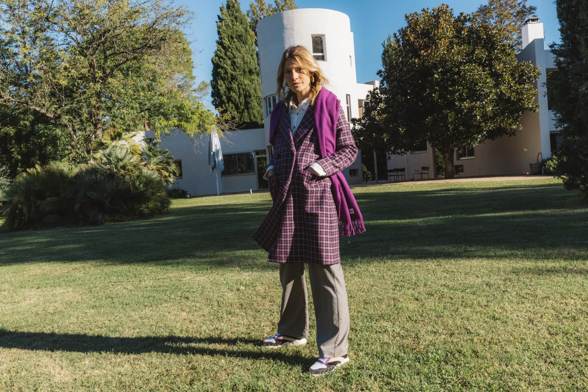 Manteau Lenny violet à carreaux en laine recyclée