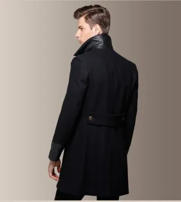 Manteau long à double boutonnage homme avec embout manches cuir