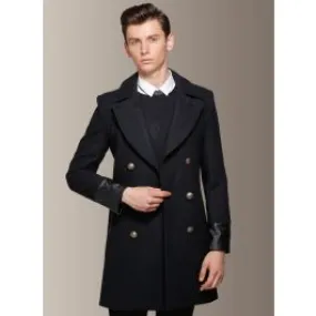 Manteau long à double boutonnage homme avec embout manches cuir