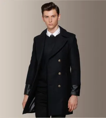 Manteau long à double boutonnage homme avec embout manches cuir