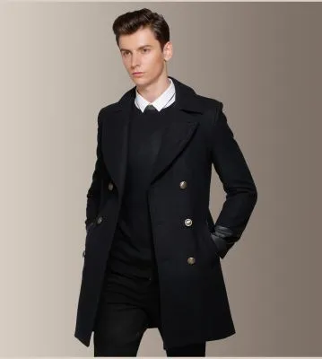 Manteau long à double boutonnage homme avec embout manches cuir