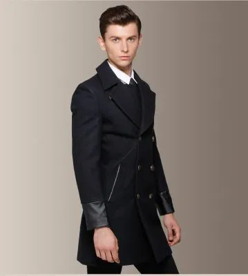 Manteau long à double boutonnage homme avec embout manches cuir