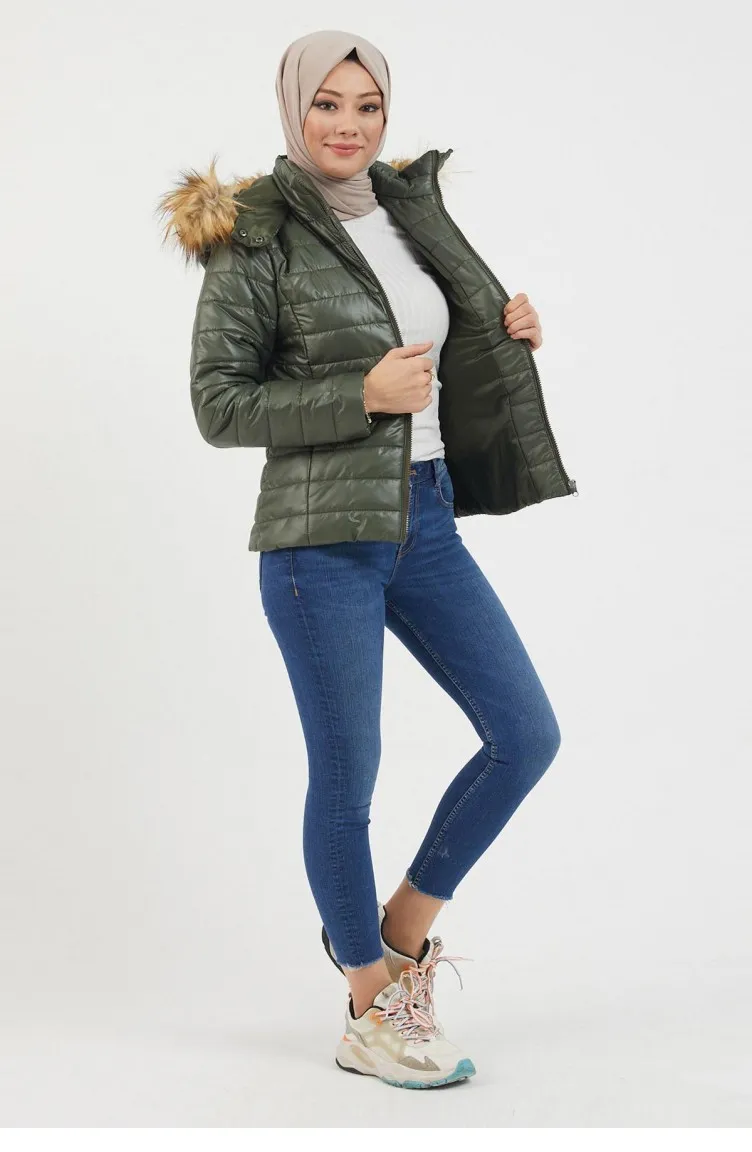 Manteau Matelassé Court à Capuche Kaki 12262 14770