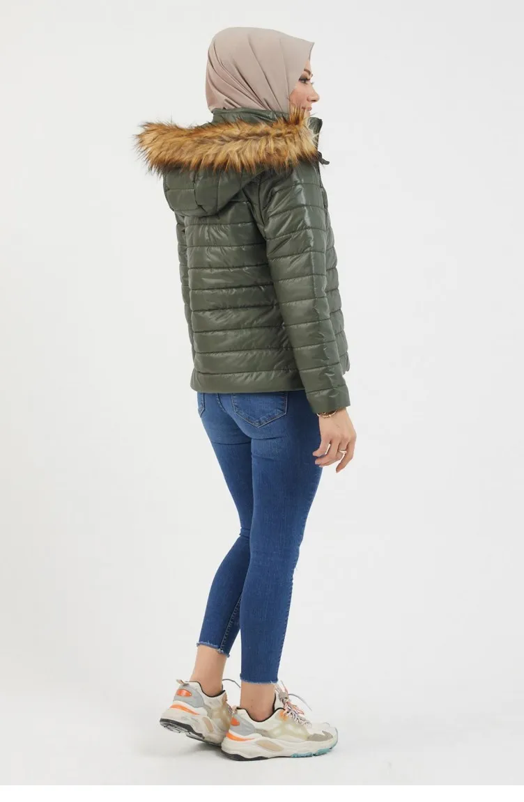 Manteau Matelassé Court à Capuche Kaki 12262 14770