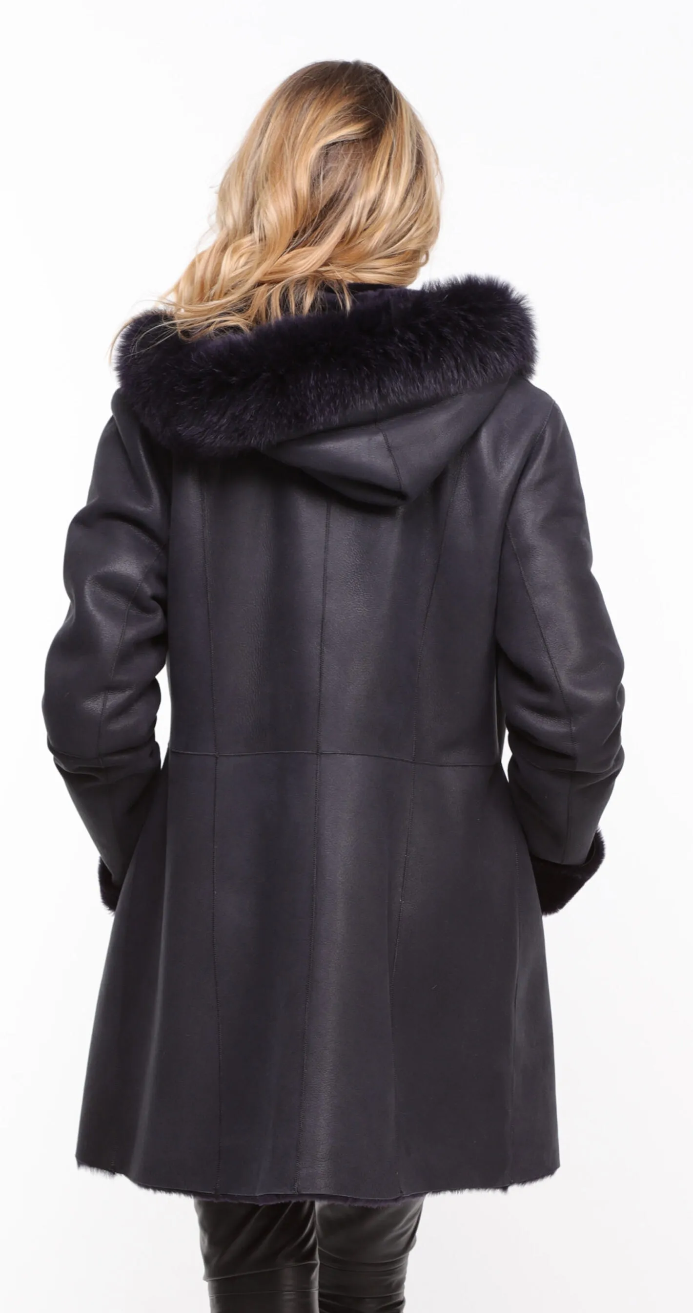 Manteau mouton capuche femme marine