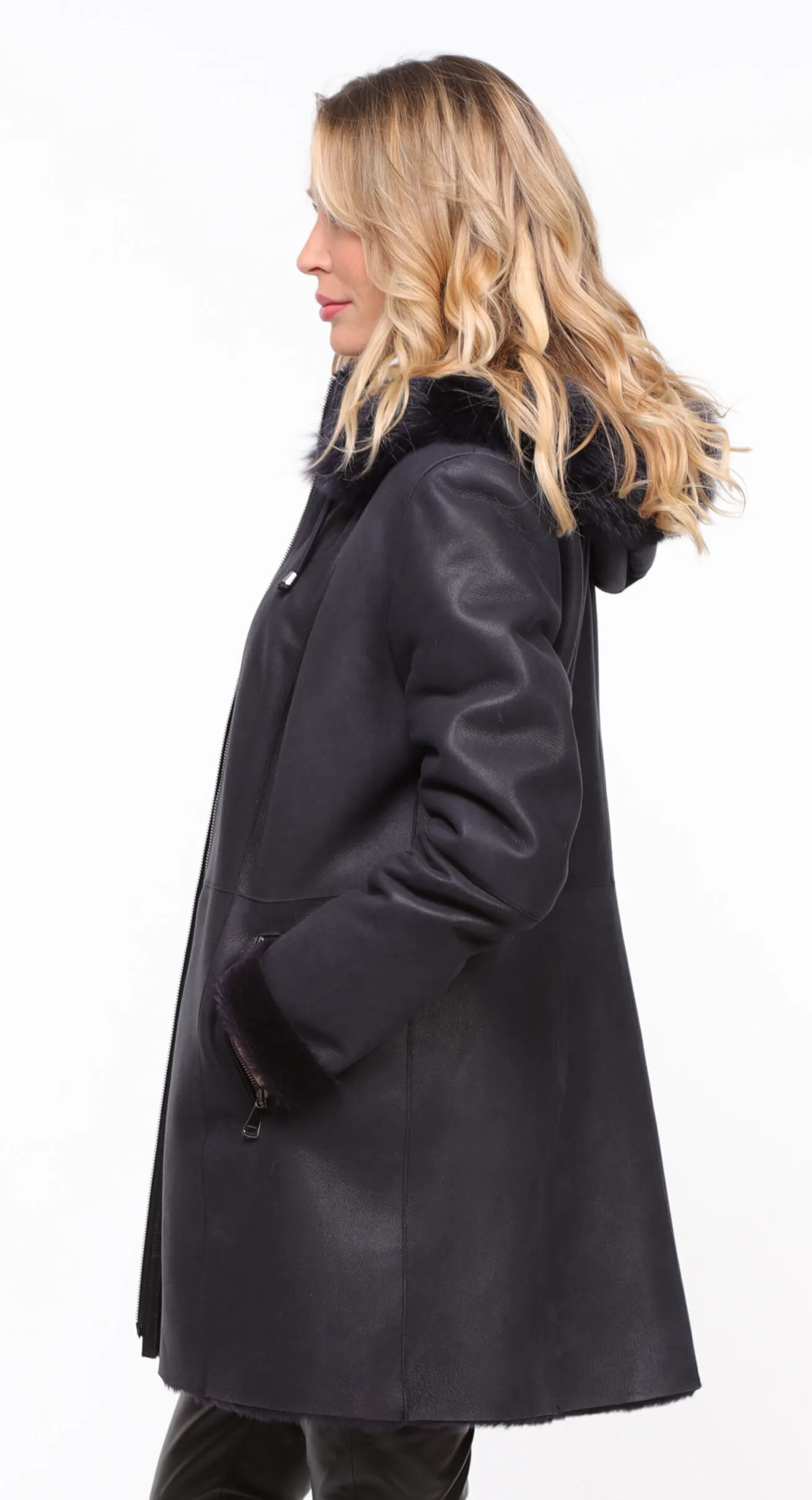 Manteau mouton capuche femme marine