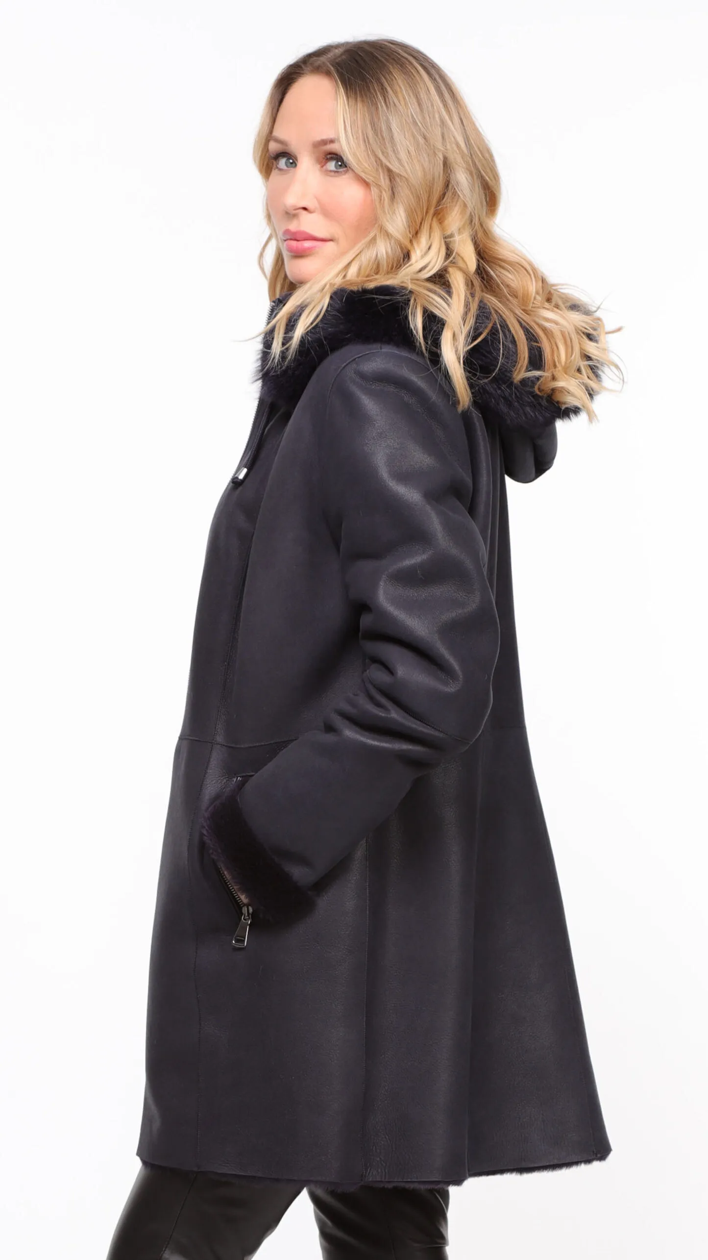 Manteau mouton capuche femme marine