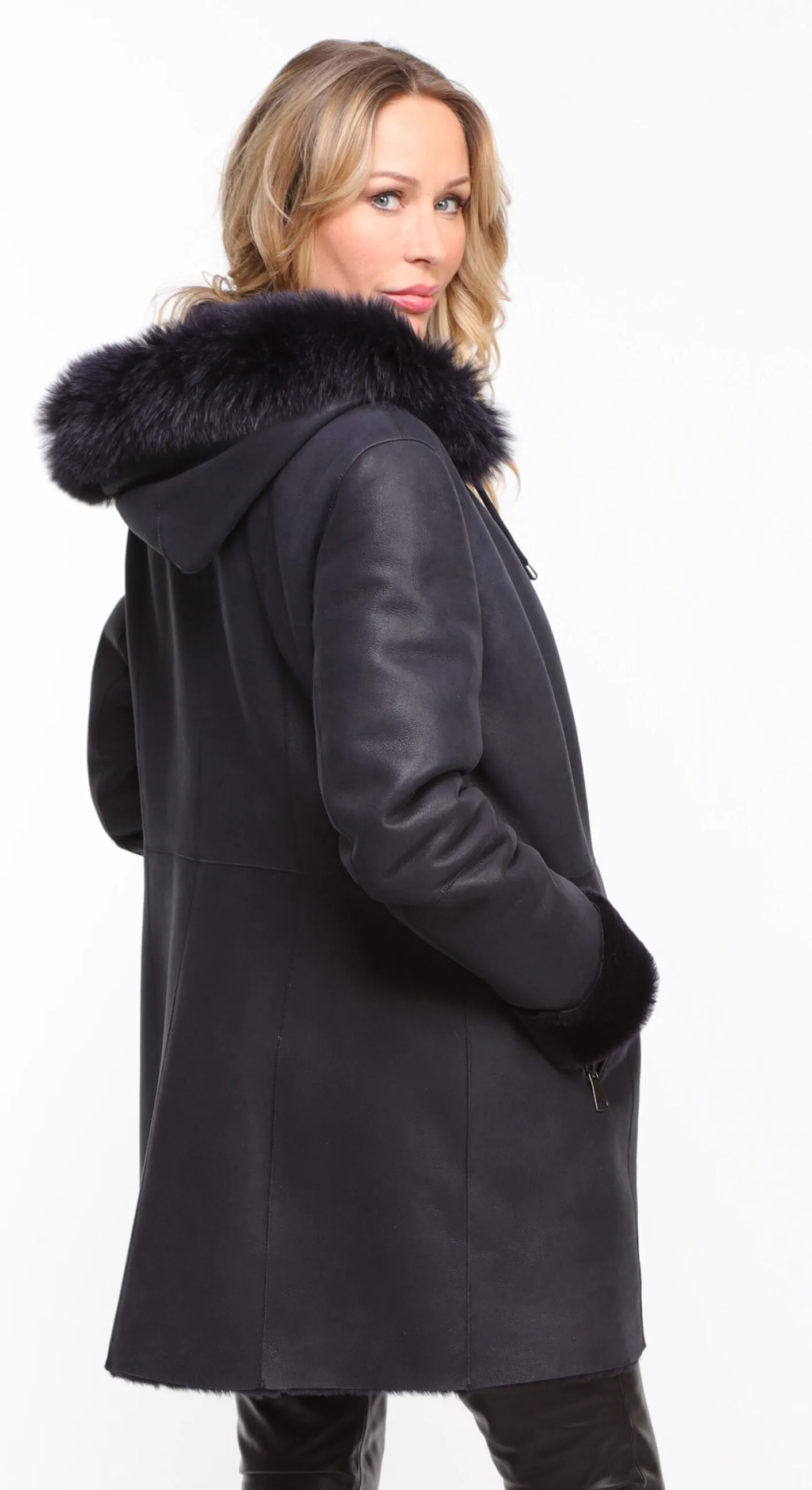 Manteau mouton capuche femme marine