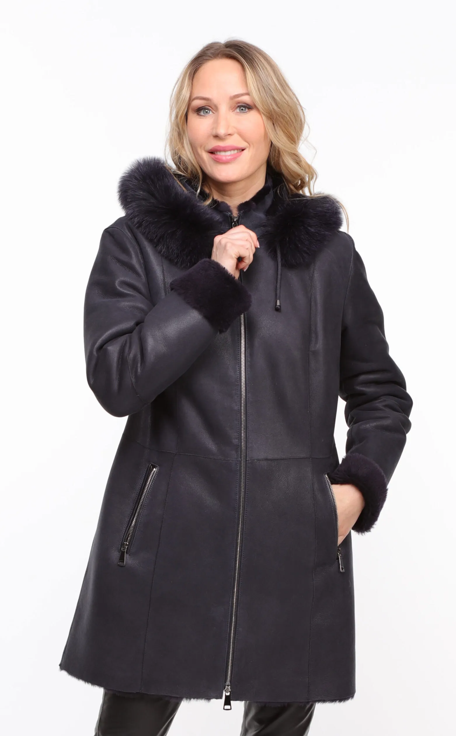 Manteau mouton capuche femme marine