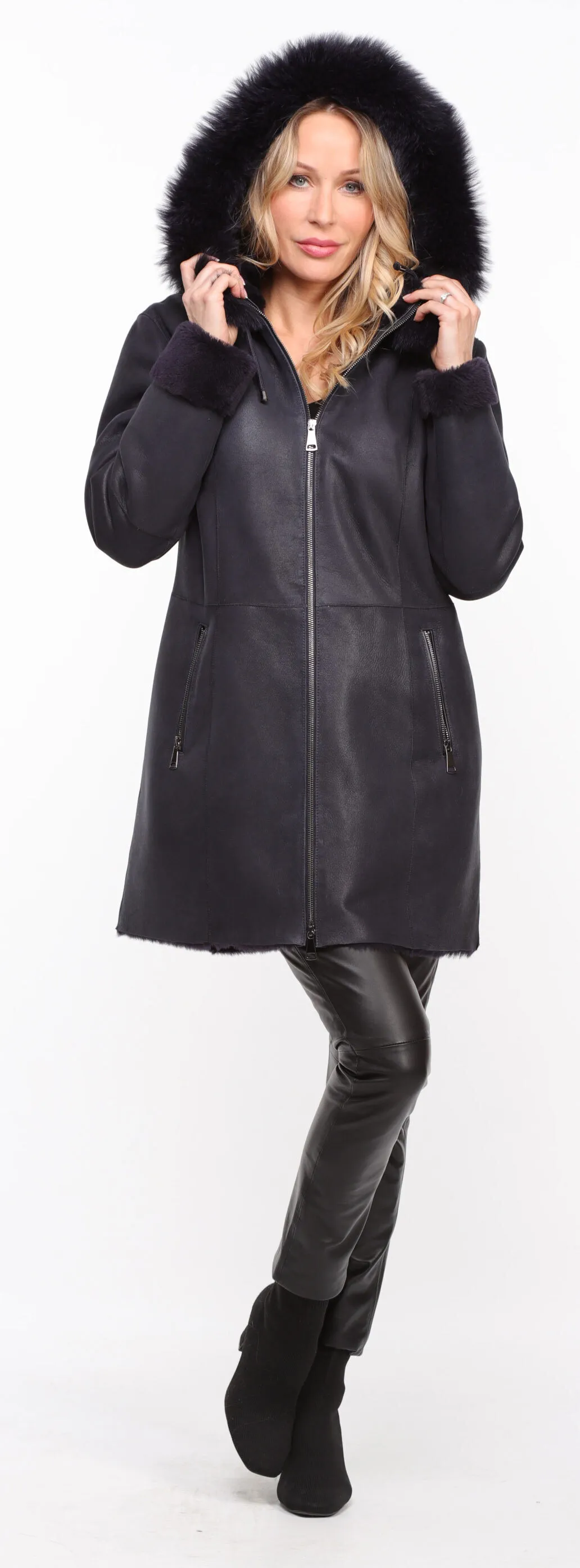 Manteau mouton capuche femme marine