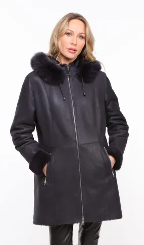 Manteau mouton capuche femme marine