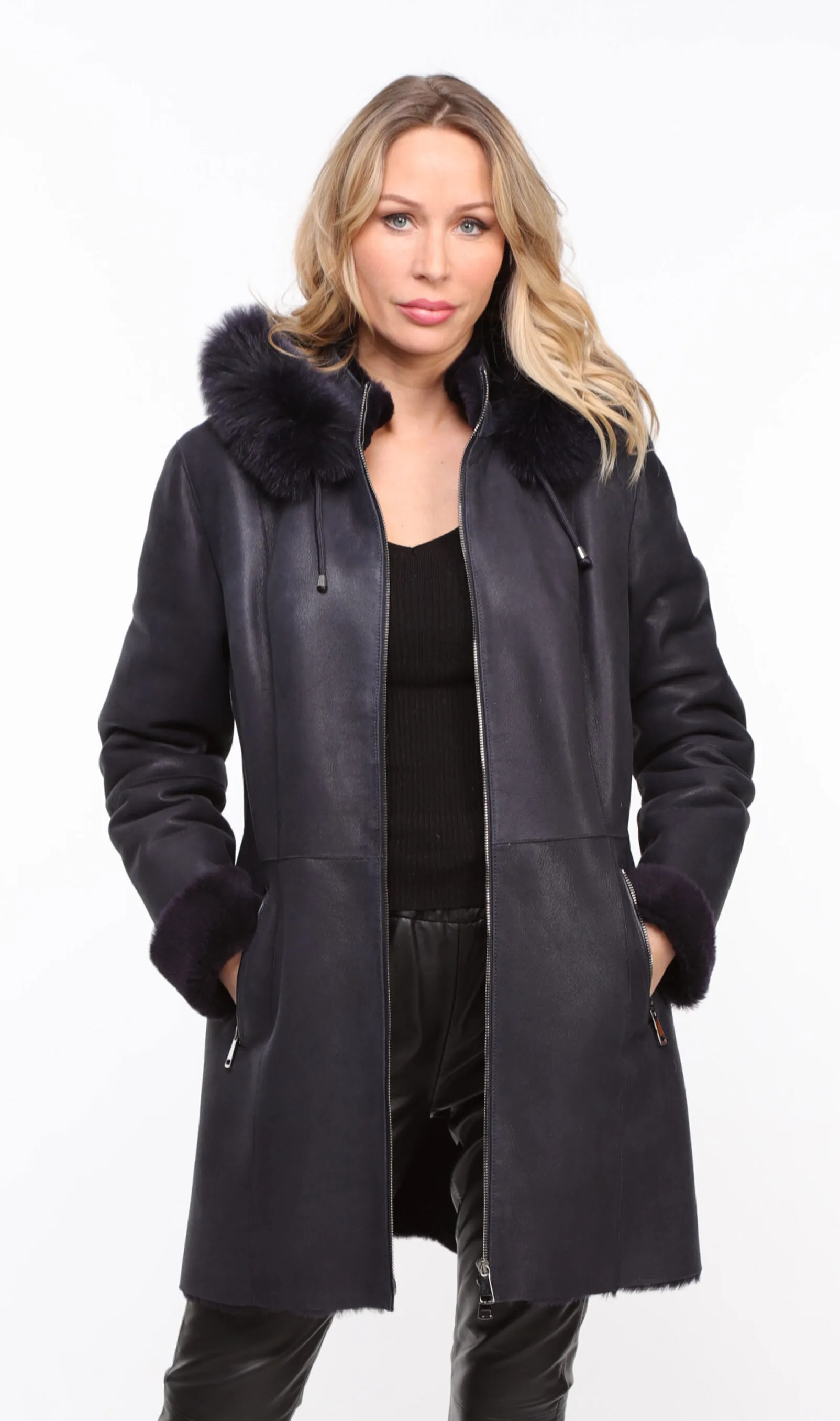 Manteau mouton capuche femme marine