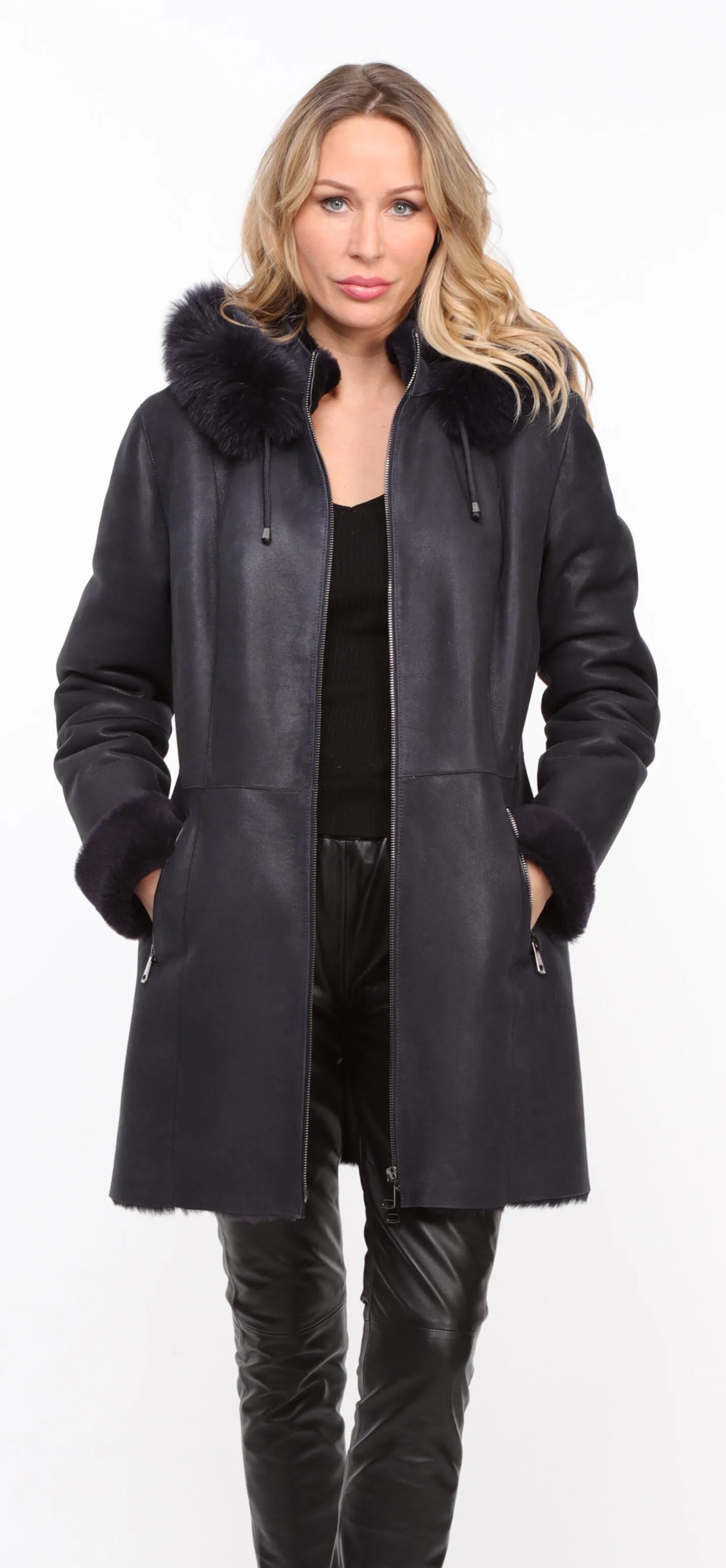 Manteau mouton capuche femme marine