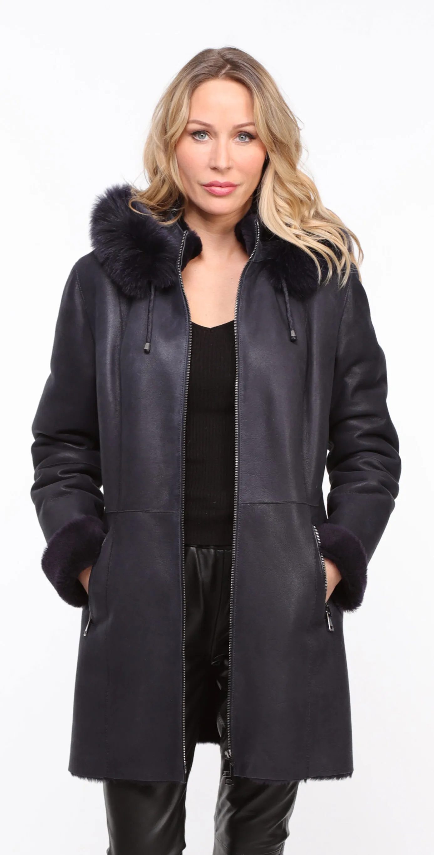 Manteau mouton capuche femme marine