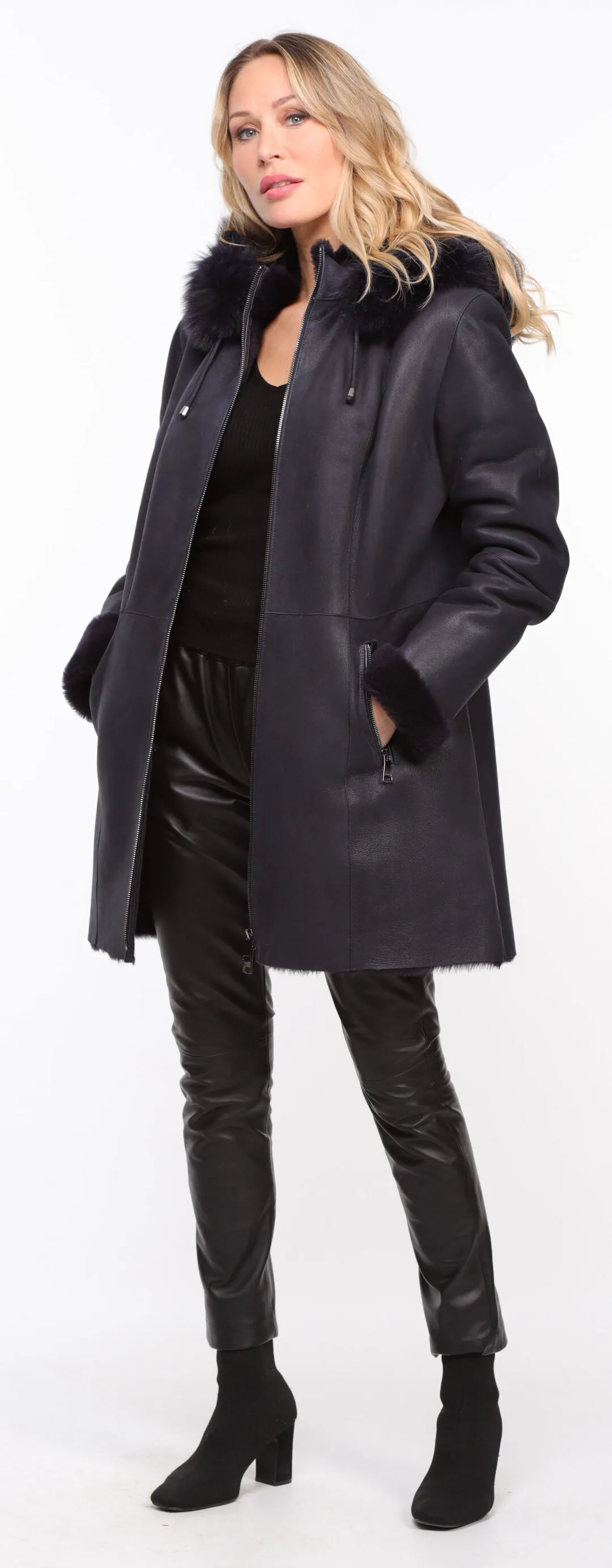 Manteau mouton capuche femme marine