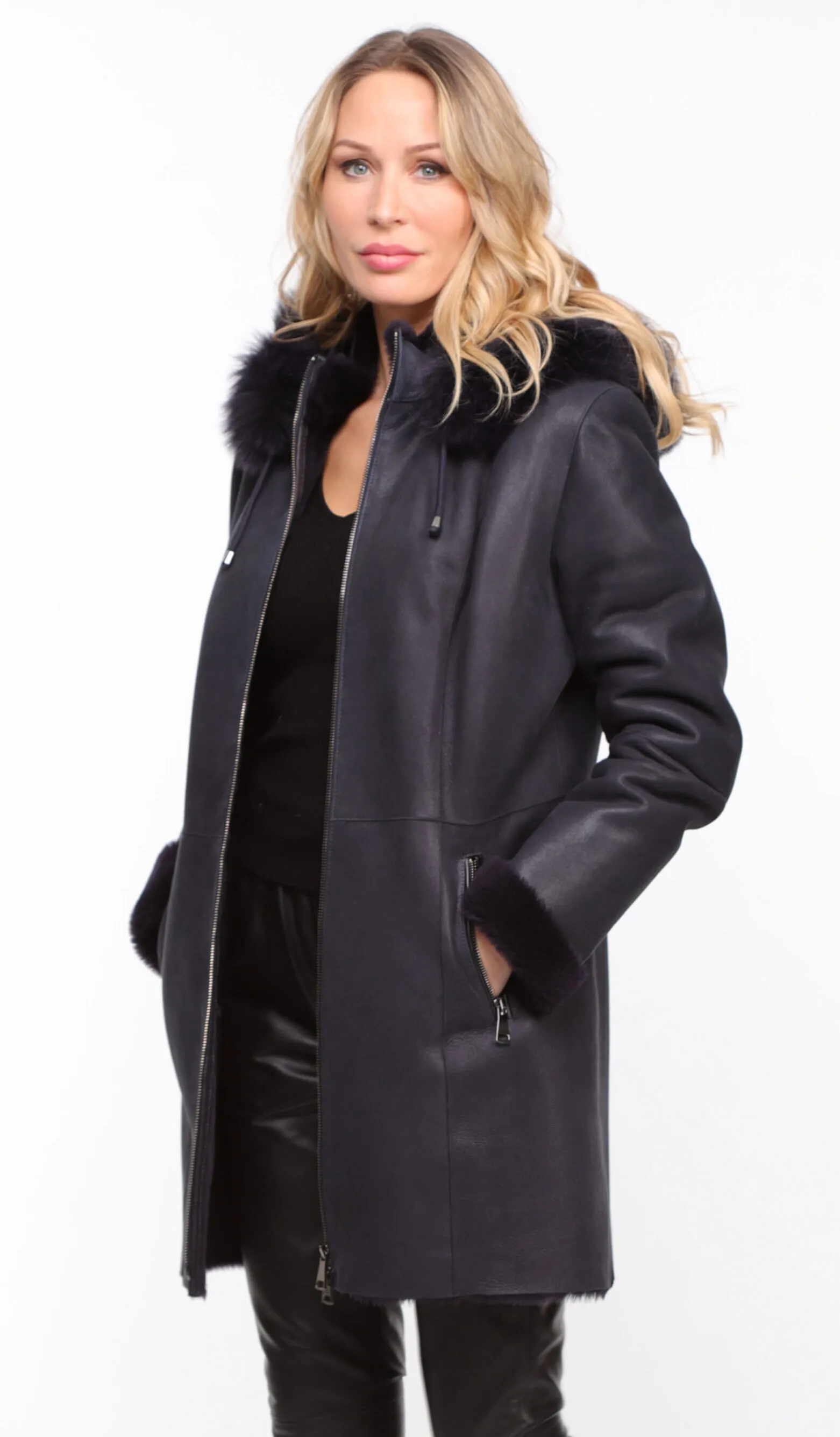 Manteau mouton capuche femme marine