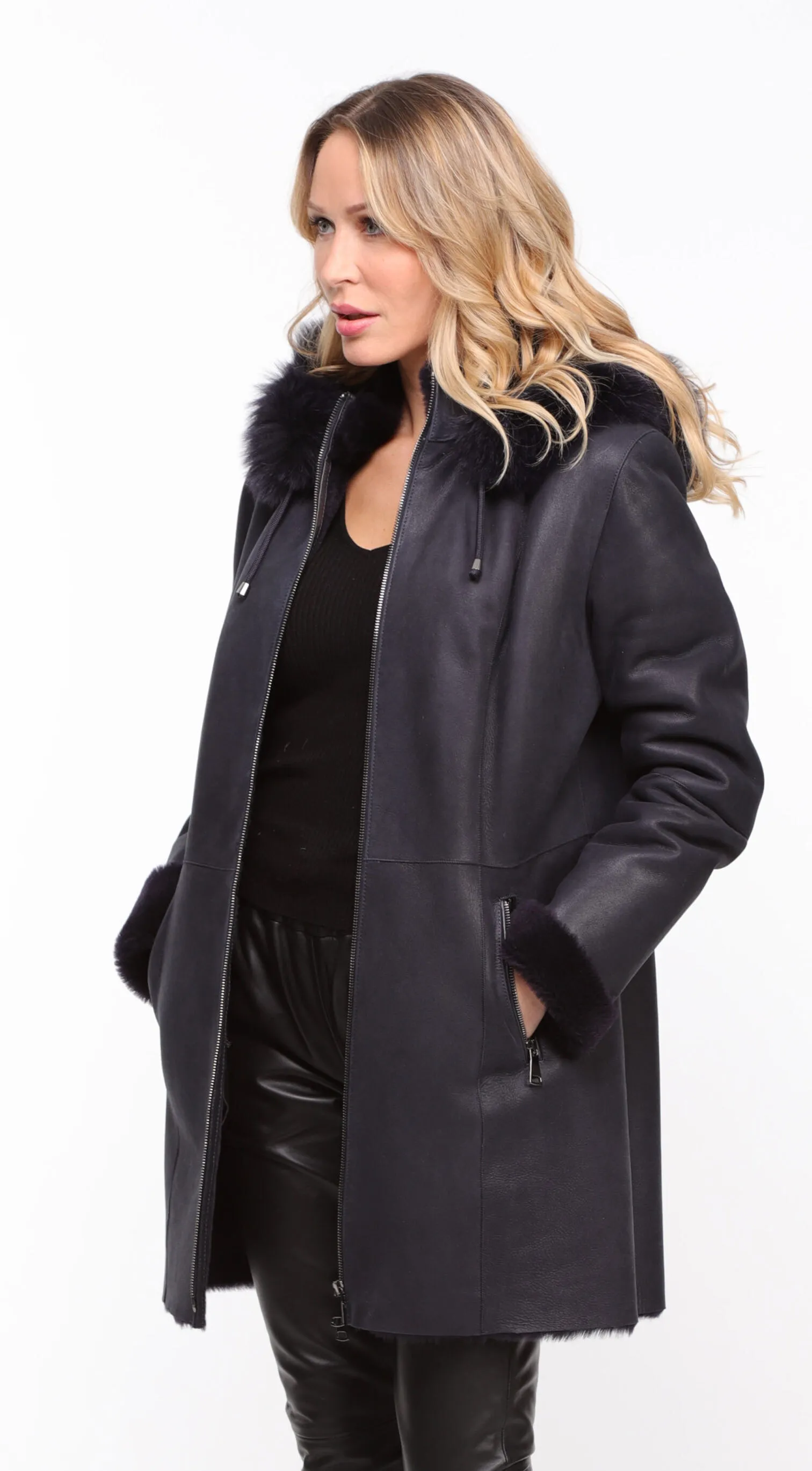 Manteau mouton capuche femme marine