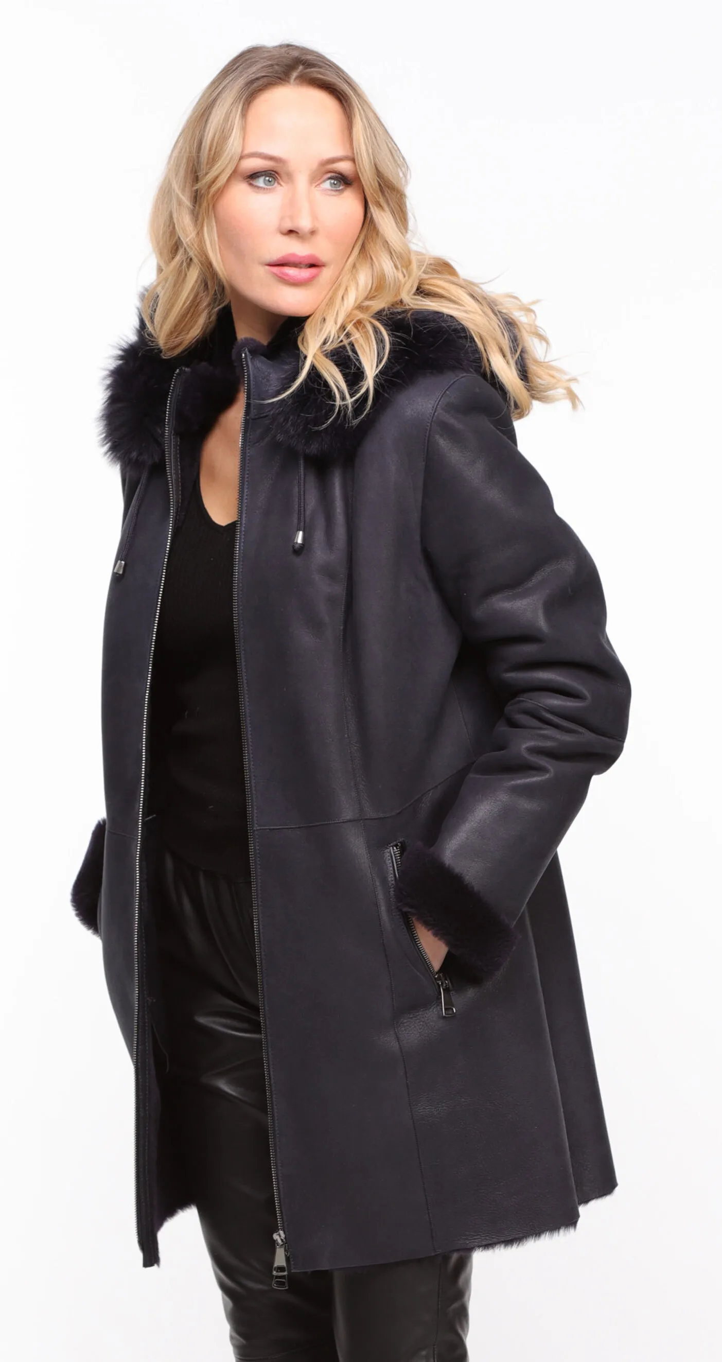 Manteau mouton capuche femme marine