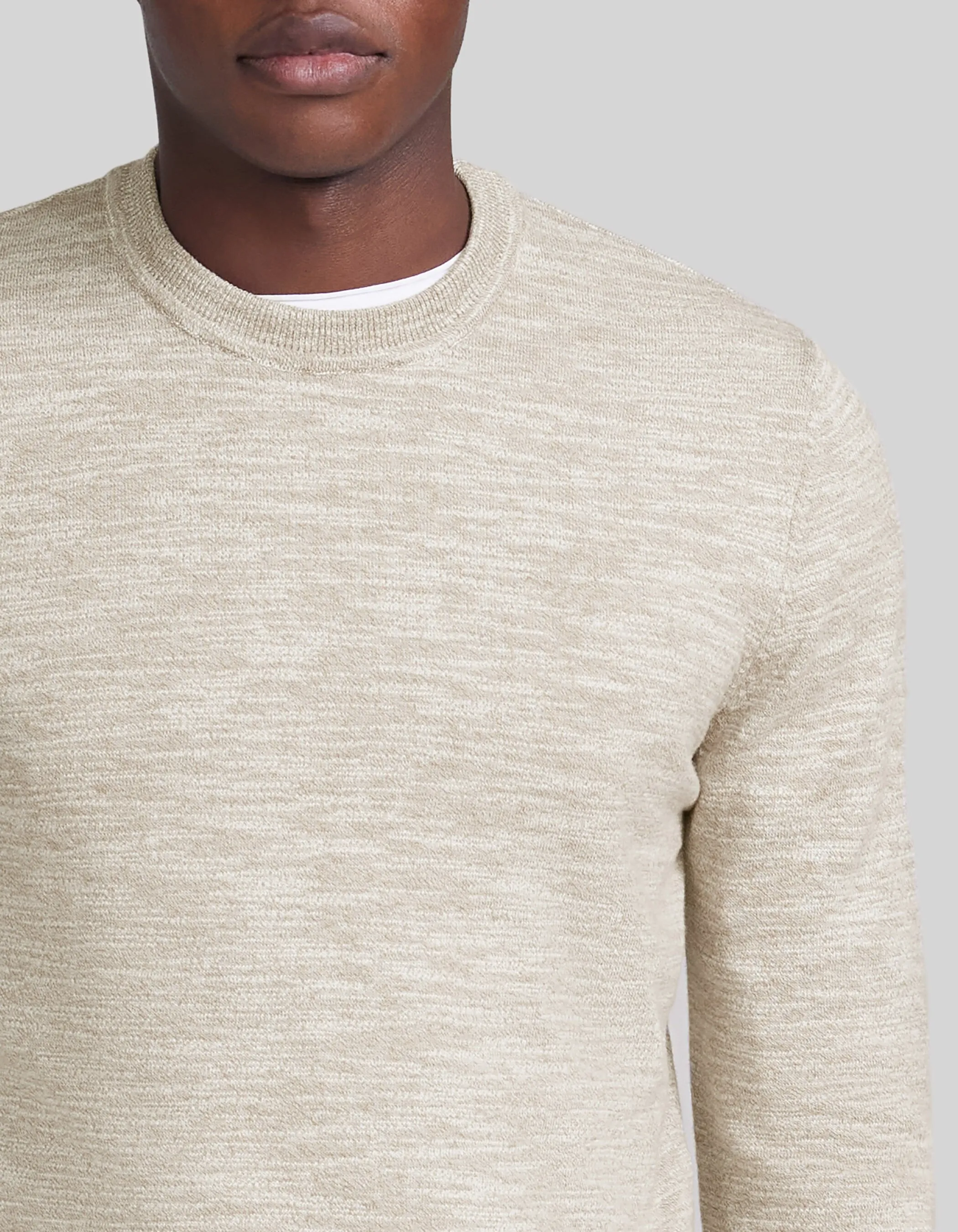 Pull beige tricot mouliné à col rond Homme