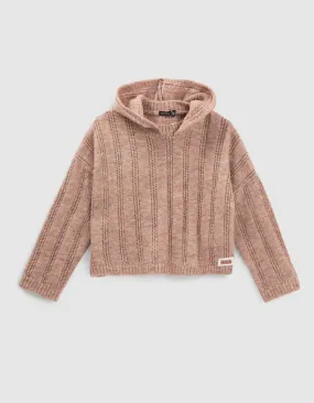 Pull bois de rose tricot ajouré à capuche fille