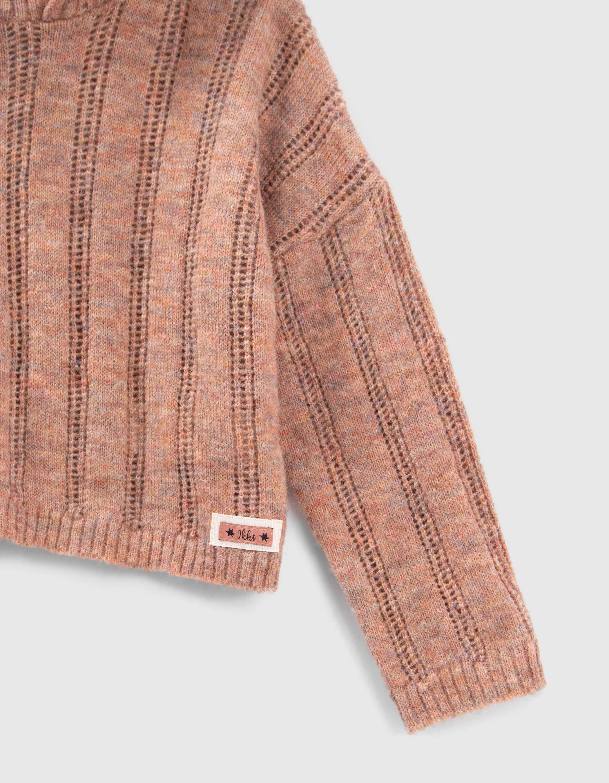 Pull bois de rose tricot ajouré à capuche fille