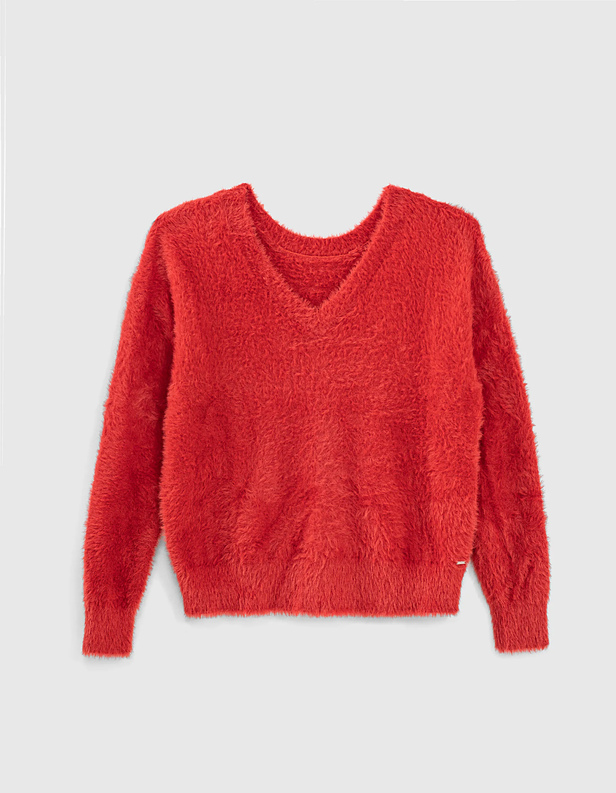 Pull col V coloris corail maille effet poilu femme