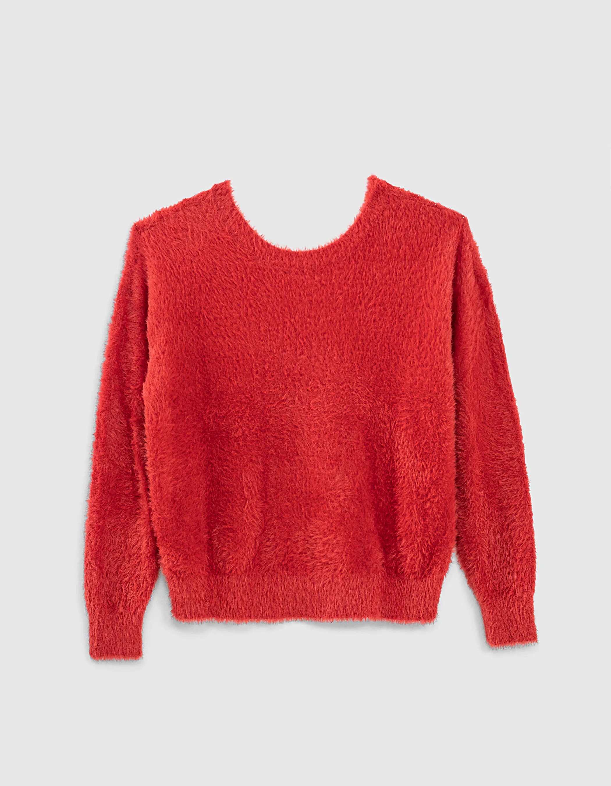 Pull col V coloris corail maille effet poilu femme