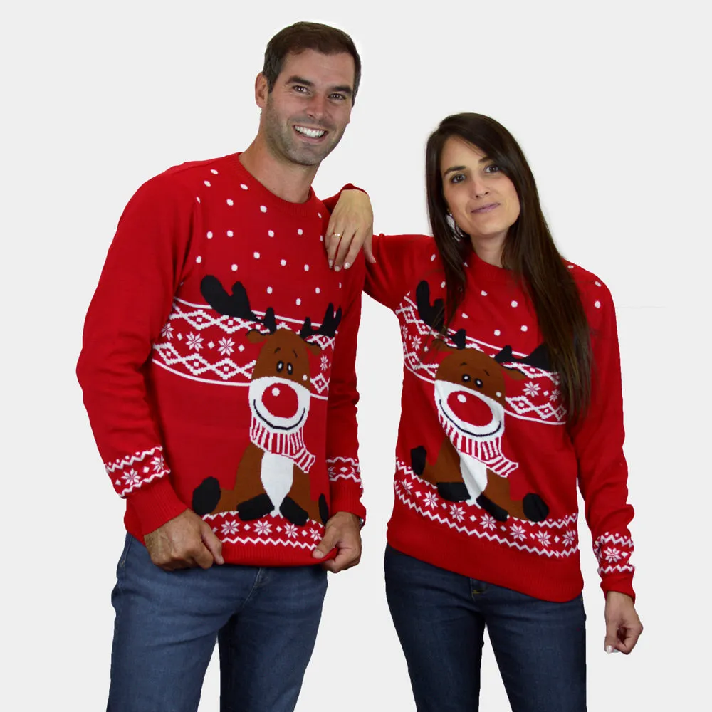 Pull de Nol pour Couple Rouge Renne Rudolph Echarpe