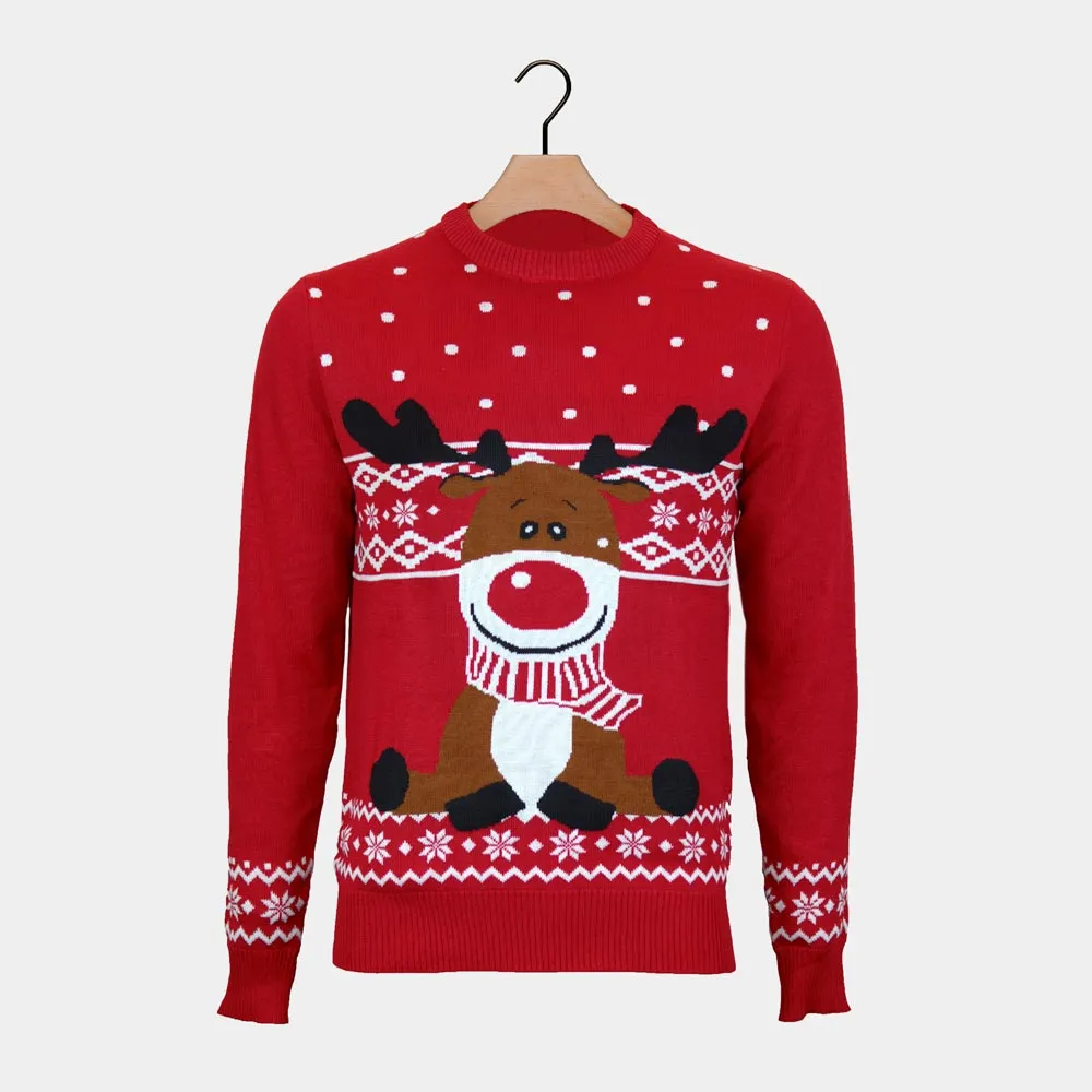 Pull de Nol pour Homme Rouge Renne Rudolph Echarpe