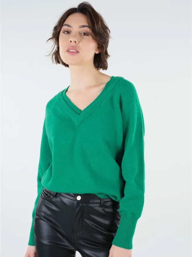 Pull double col v berilde vert femme - Deeluxe | wimod