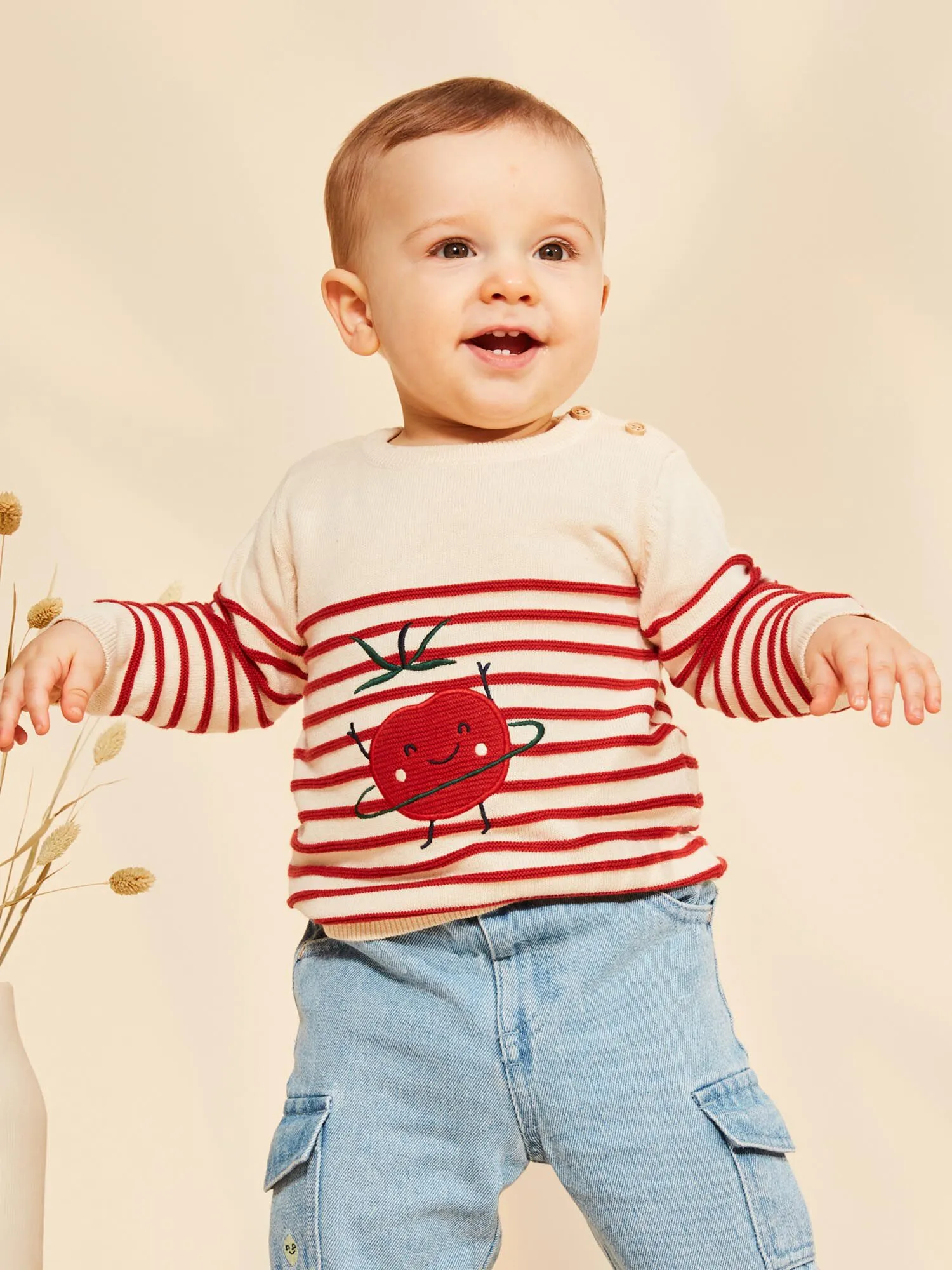 Pull marinière vanille et rouge en tricot tomate