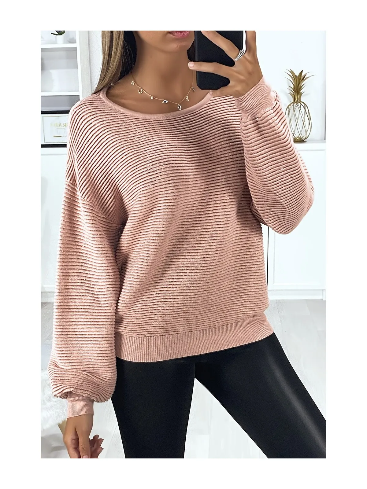 Pull rose très doux et extensible avec noeud au dos