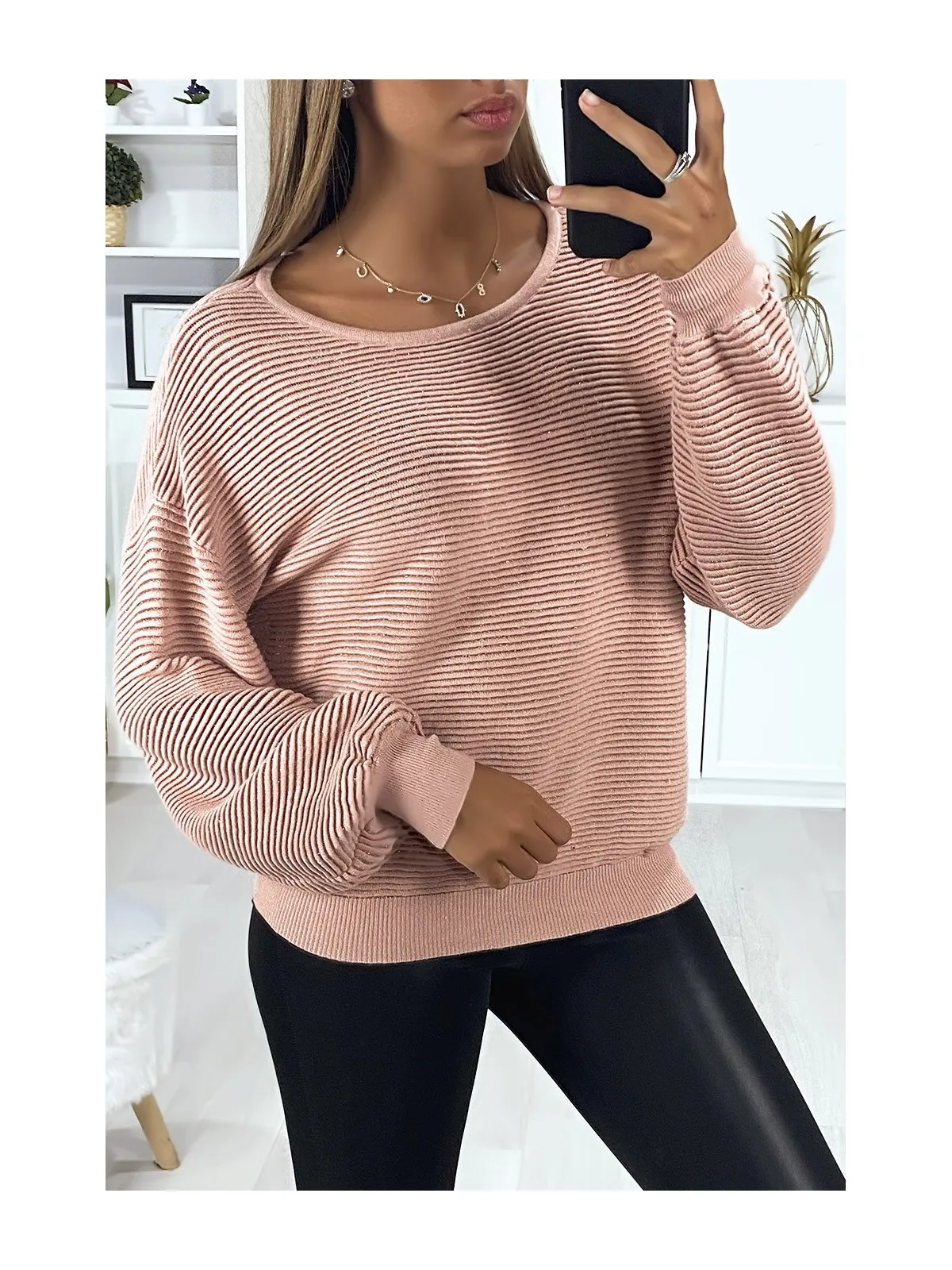 Pull rose très doux et extensible avec noeud au dos