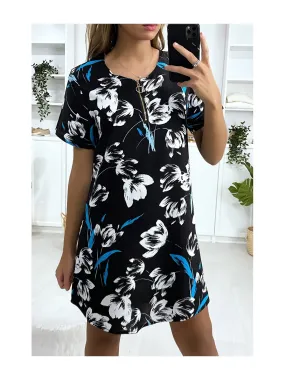 Robe tunique fleuris marine turquoise et blanc avec zip au col