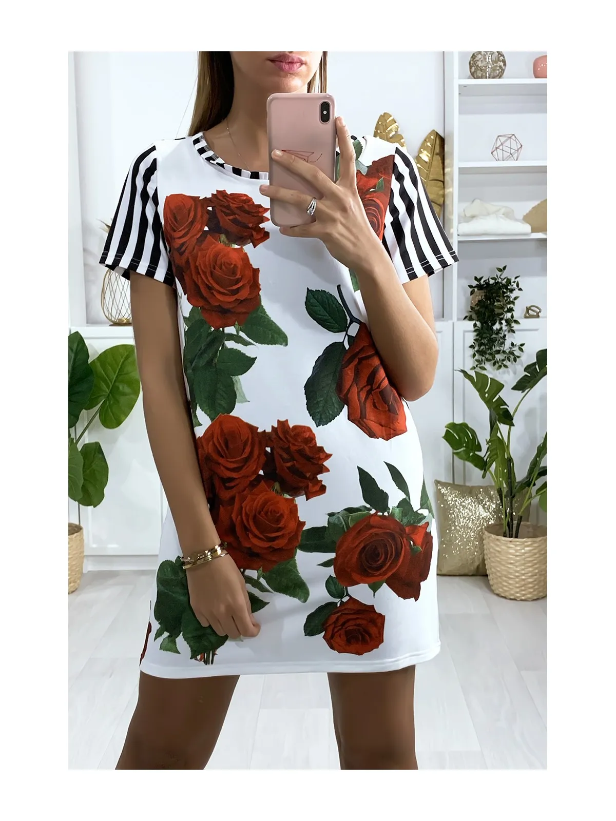 Robe tunique rayé marinière en blanc avec motif rose devant