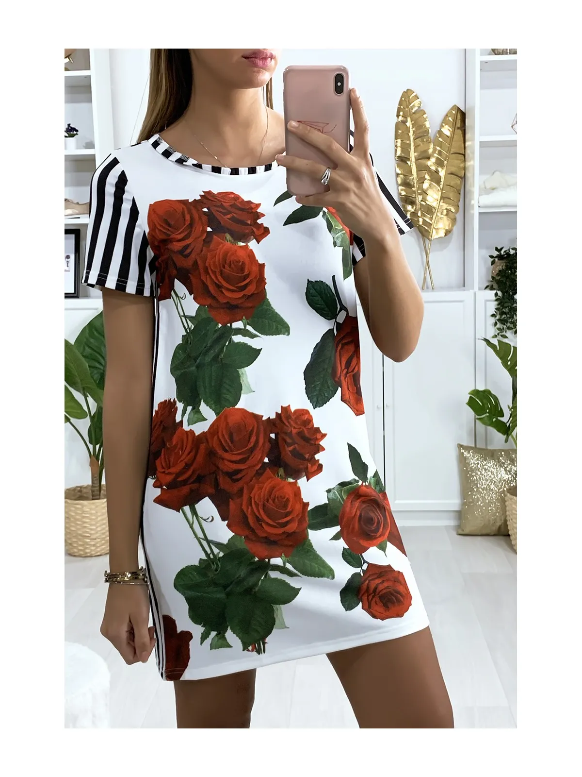 Robe tunique rayé marinière en blanc avec motif rose devant