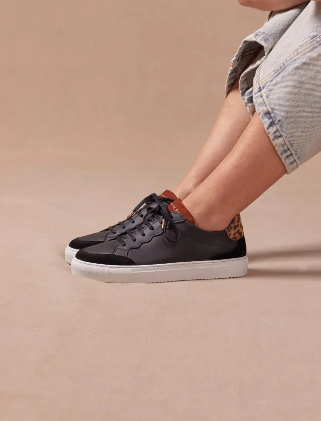 Sneakers en Cuir à Lacets Femme Noir Léopard - Modèle Aléna