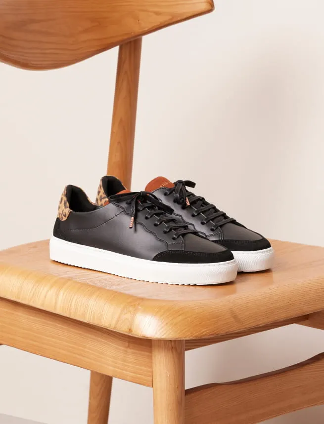 Sneakers en Cuir à Lacets Femme Noir Léopard - Modèle Aléna